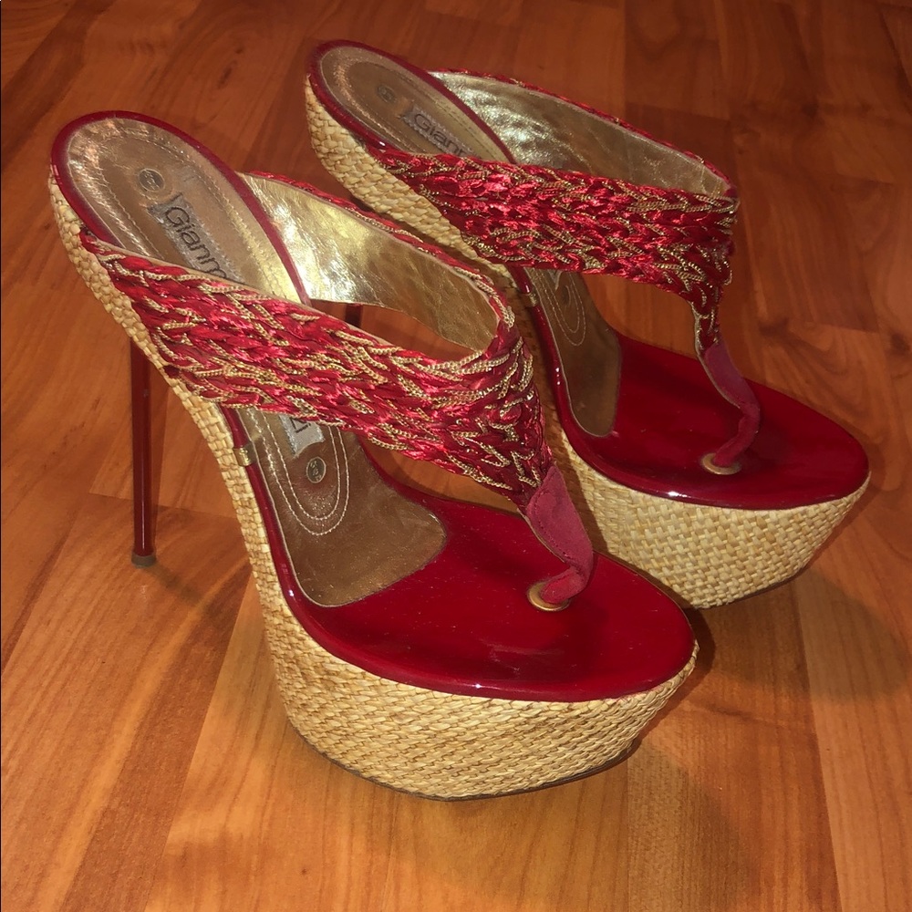 Gianmarco Lorenzi Red Platform Stiletto Heels. Red Patent Leather. EU 37, US 7.